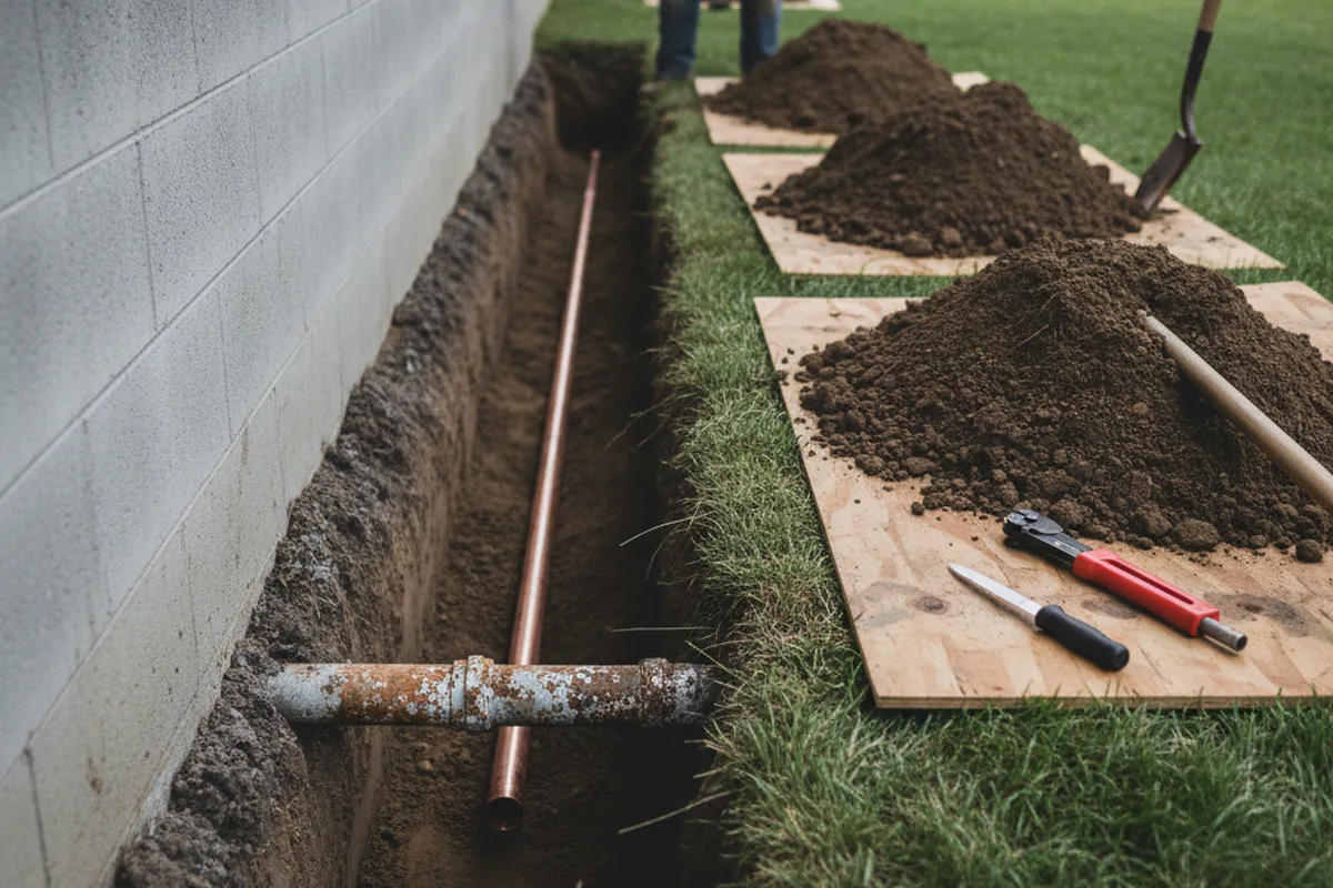 Excavated water line trench during Water Softener Installation in Intercession City